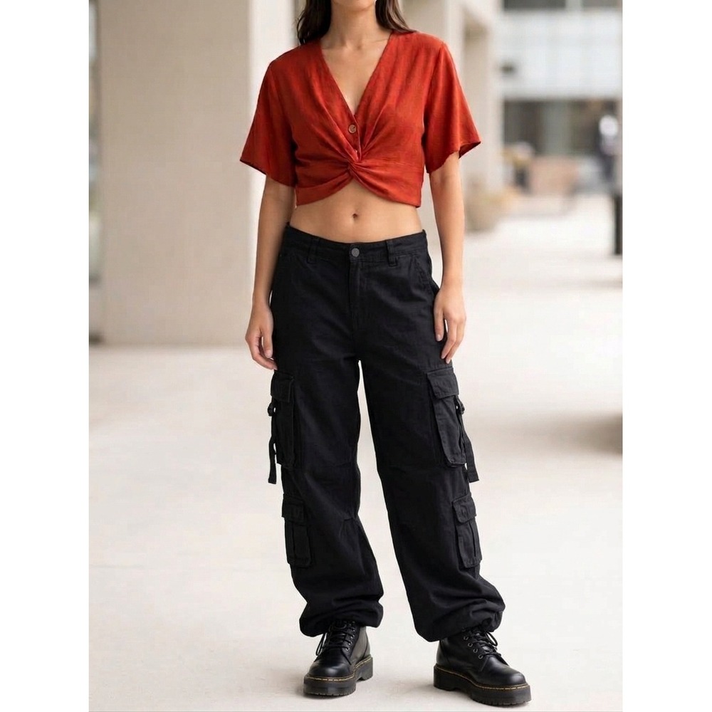 Timing Rust Red Twist Front Crop Top Medium V-Neck Linen Blend Short Sleeve - Picture 16 of 16